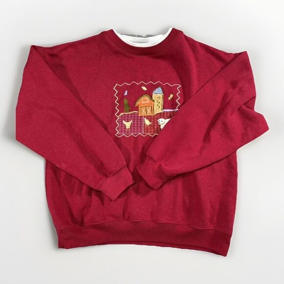 VTG 90s Embroidered Animal Patchwork Sweatshirt Small Cozy Fall Crewneck - Picture 1 of 4